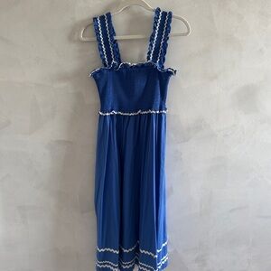 En Saison - Blue Smocked Dress with White Scalloped Trim - Size XS